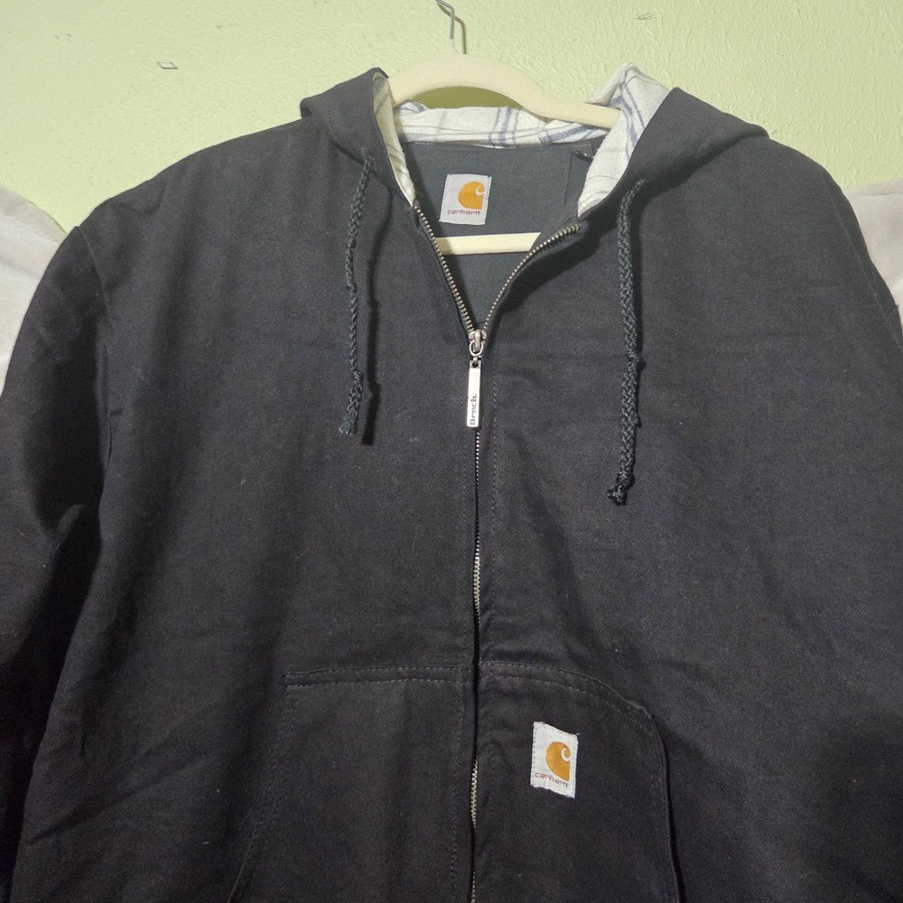 Carhartt Upcycled Mens Black Full Zip Canvas Hoodie Plaid Lined M Skate Rugged - Picture 6 of 6